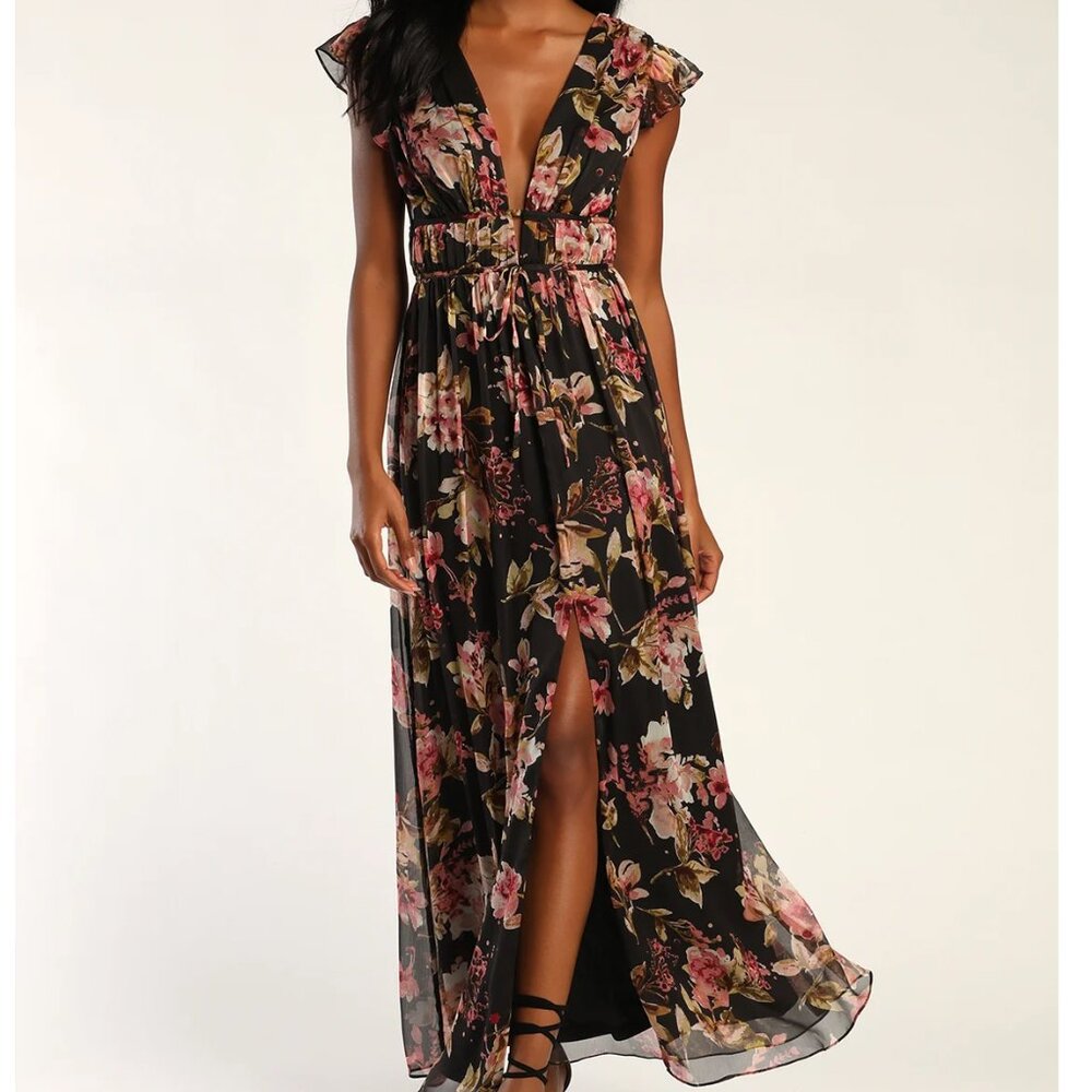 Lulus I'm All Yours Black Floral Print Ruffled Maxi Dress